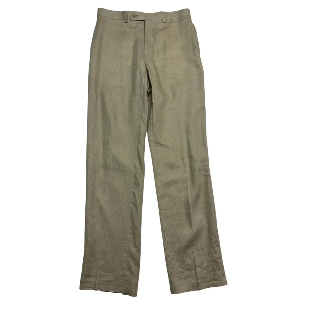 Calvin Klein 42L 34x36 Tan 2pc Pant Suit 100% Linen Lightweight Flat Front Mens